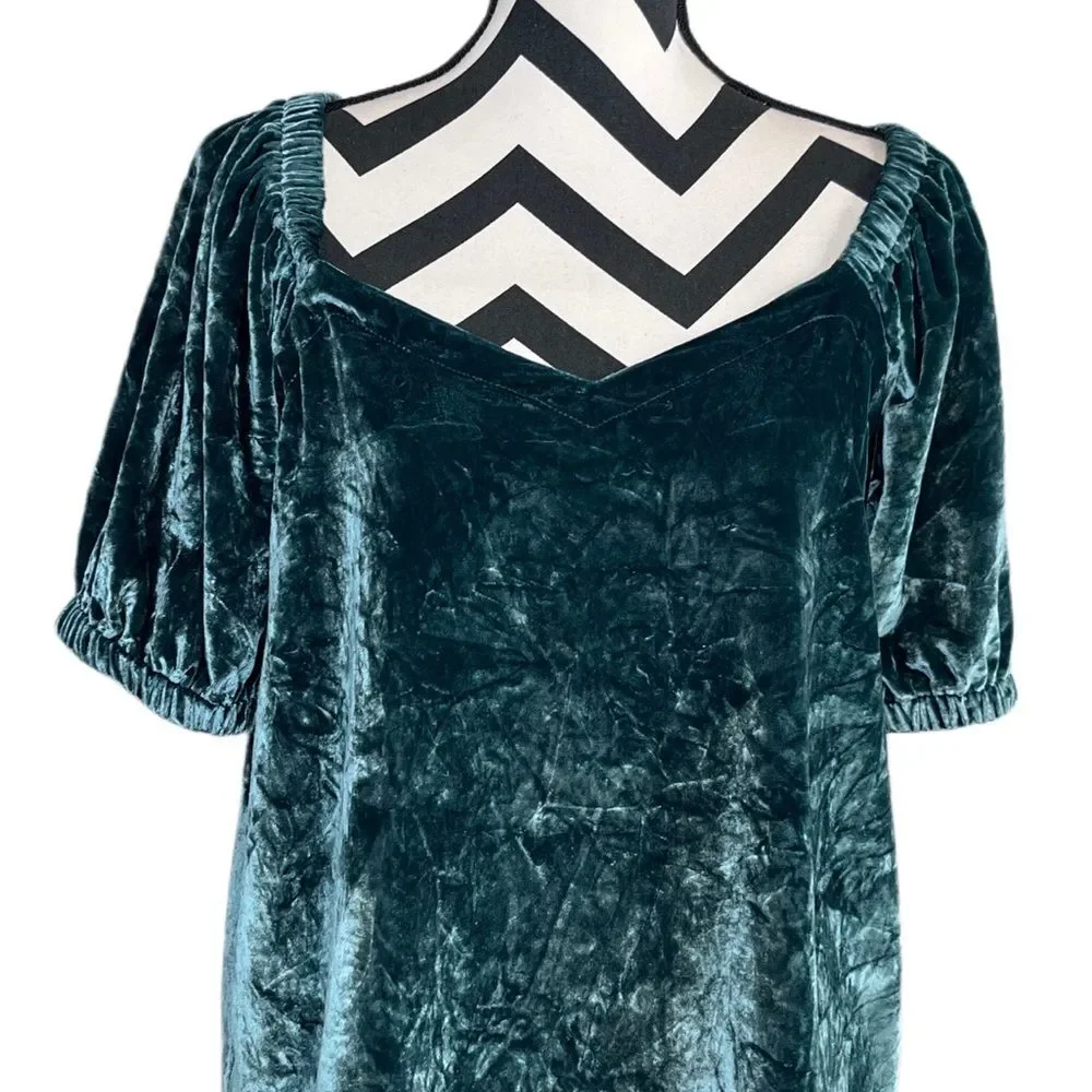 NWT Loft Whimsigoth Boho Teal Crushed Velvet Puff Sleeve Blouse Sz M
